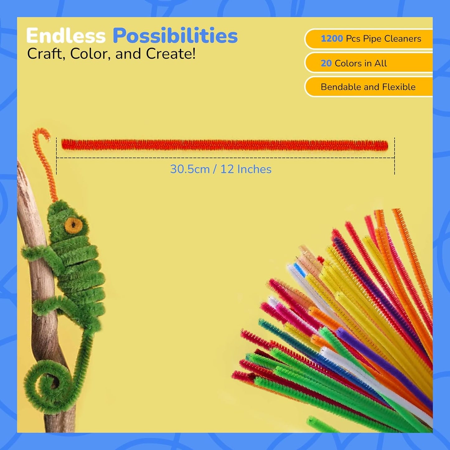 Gluerious Pipe Cleaners,1200 pcs and 20 Assorted Colors 12 inch Chenille Stems for DIY Art Creative Crafts Decorations…