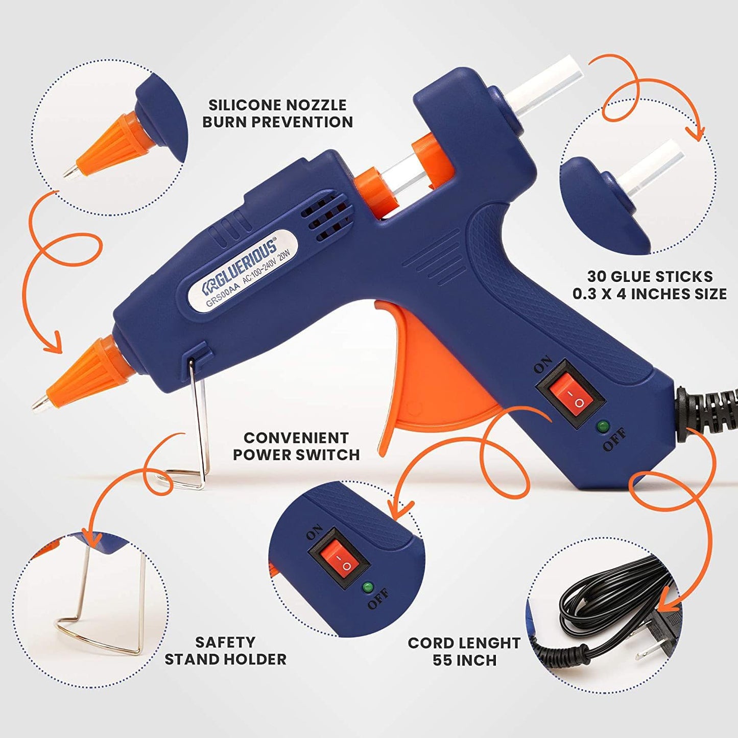 Gluerious Mini Hot Glue Gun with 30 Glue Sticks for Crafts School DIY Arts Home Quick Repairs, 20W, Blue