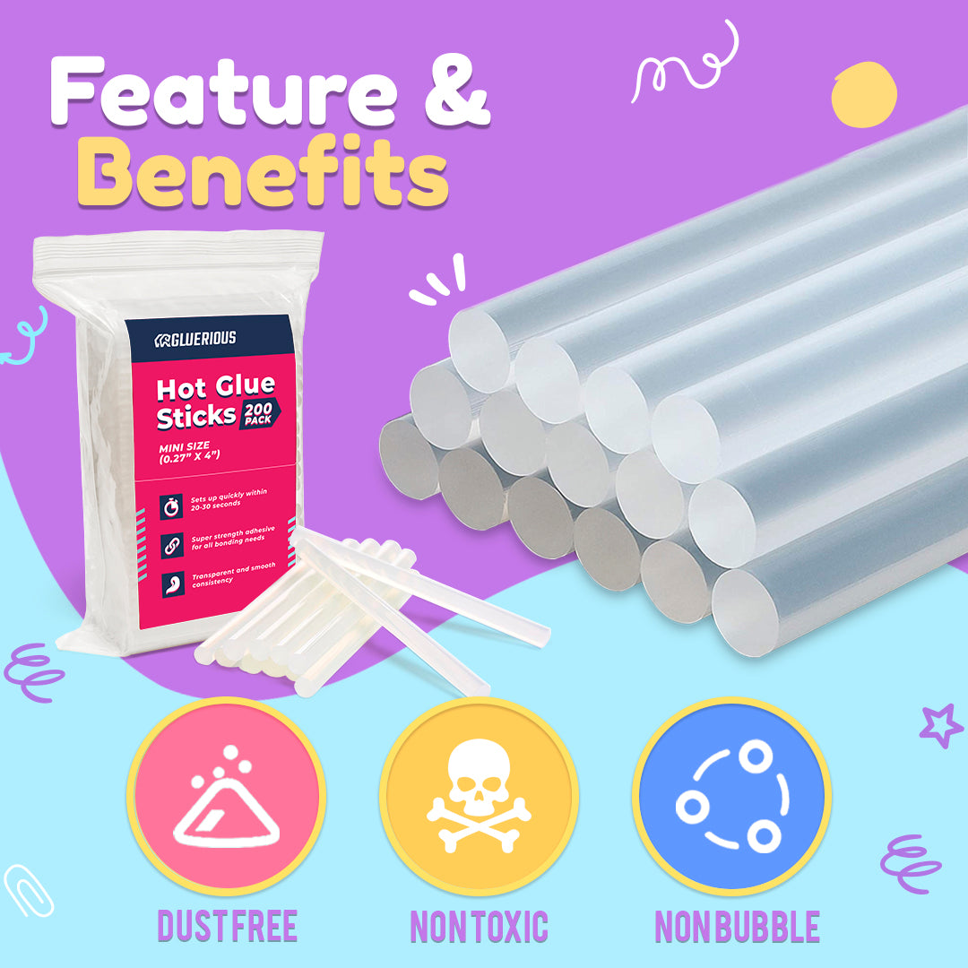 Gluerious Mini Hot Glue Sticks For Glue Gun, 200pcs Bulk Pack 0.27x4 inches Small Size, Multi Temp for Arts Crafts DIY Fabric & More.