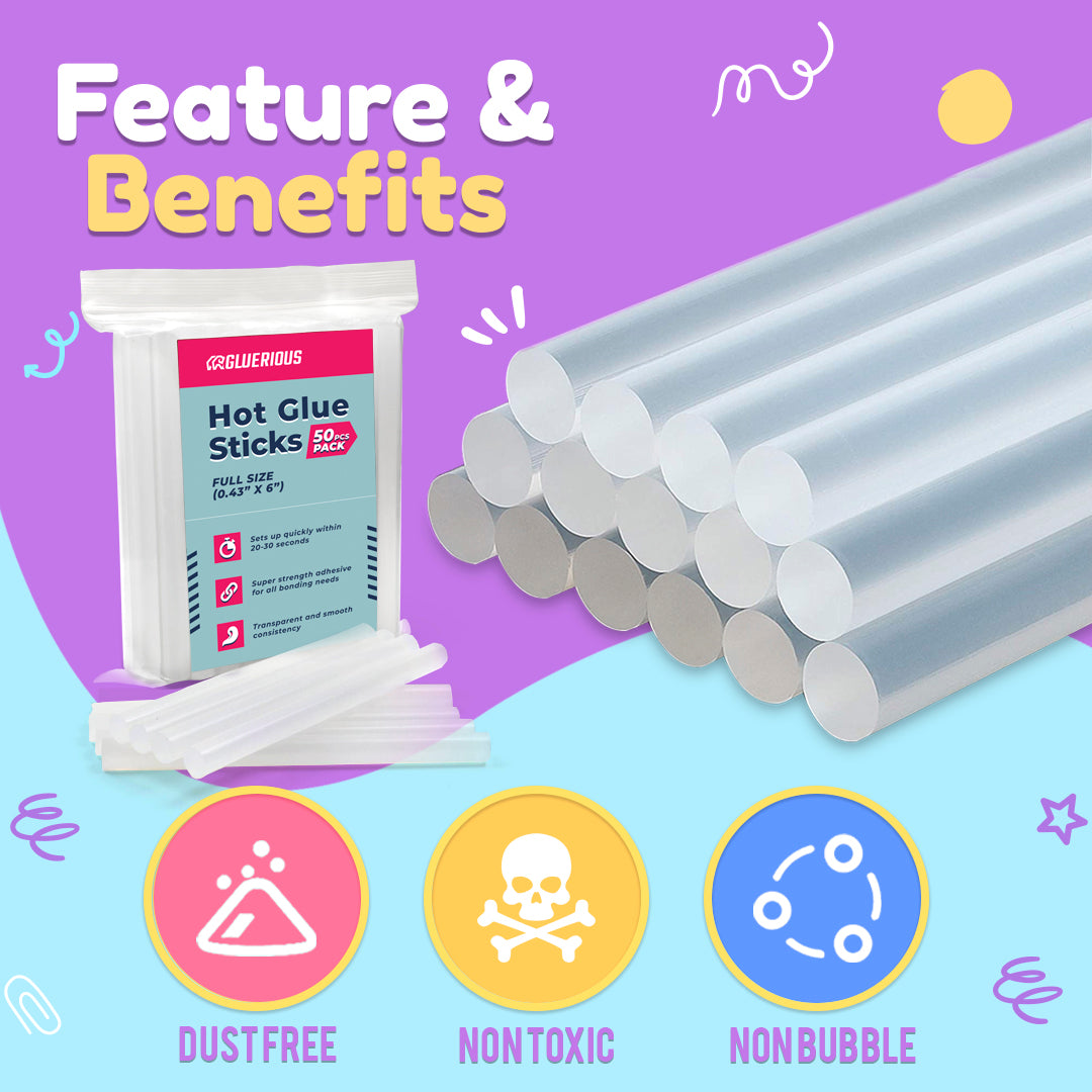 Gluerious Full Size Hot Glue Sticks For Glue Gun, 50pcs Bulk Pack 0.43x6 inches Large Size, Multi Temp for Arts Crafts DIY Fabric & More.