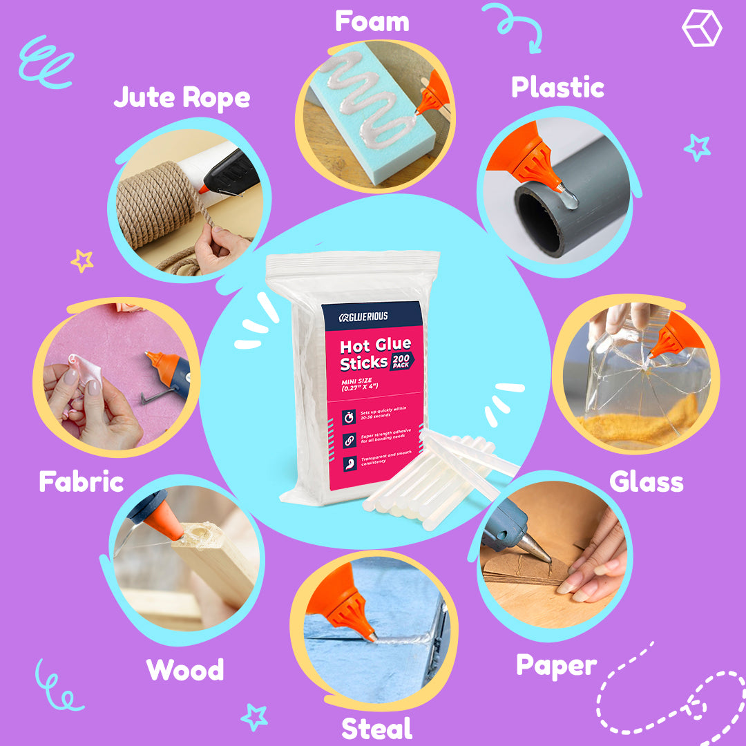 Gluerious Mini Hot Glue Sticks For Glue Gun, 200pcs Bulk Pack 0.27x4 inches Small Size, Multi Temp for Arts Crafts DIY Fabric & More.