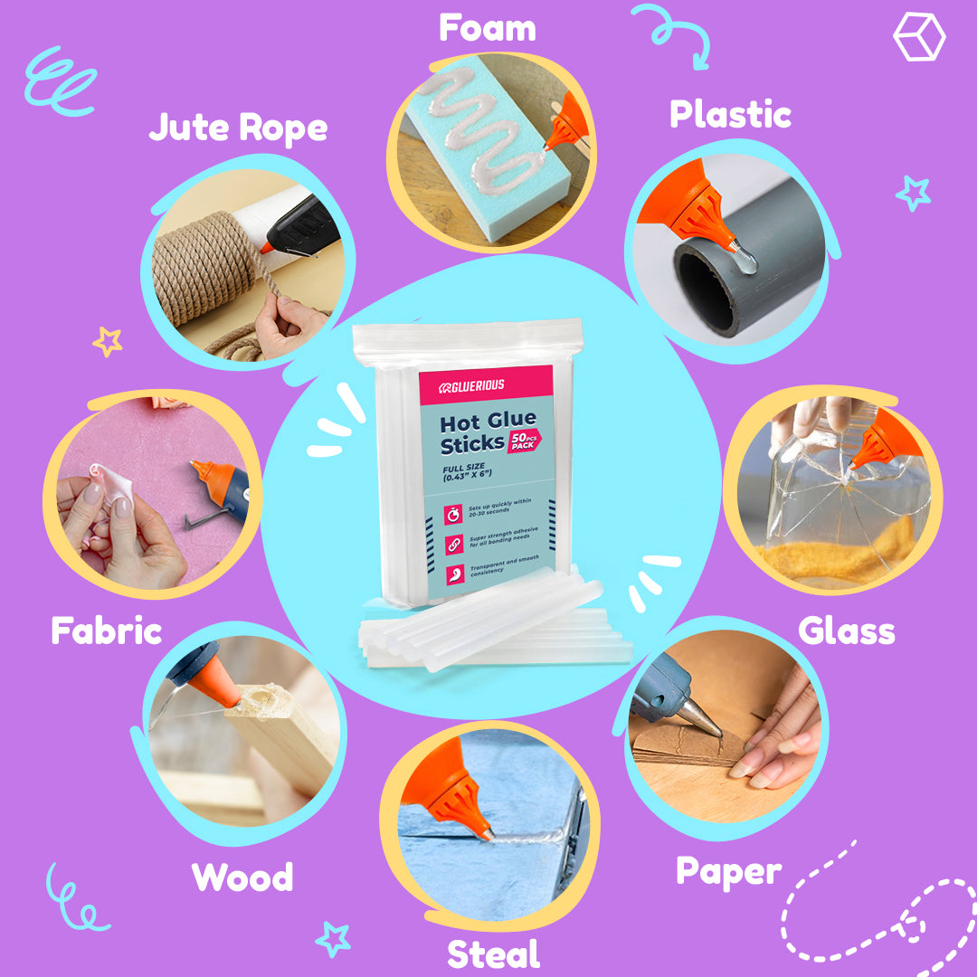 Gluerious Full Size Hot Glue Sticks For Glue Gun, 50pcs Bulk Pack 0.43x6 inches Large Size, Multi Temp for Arts Crafts DIY Fabric & More.