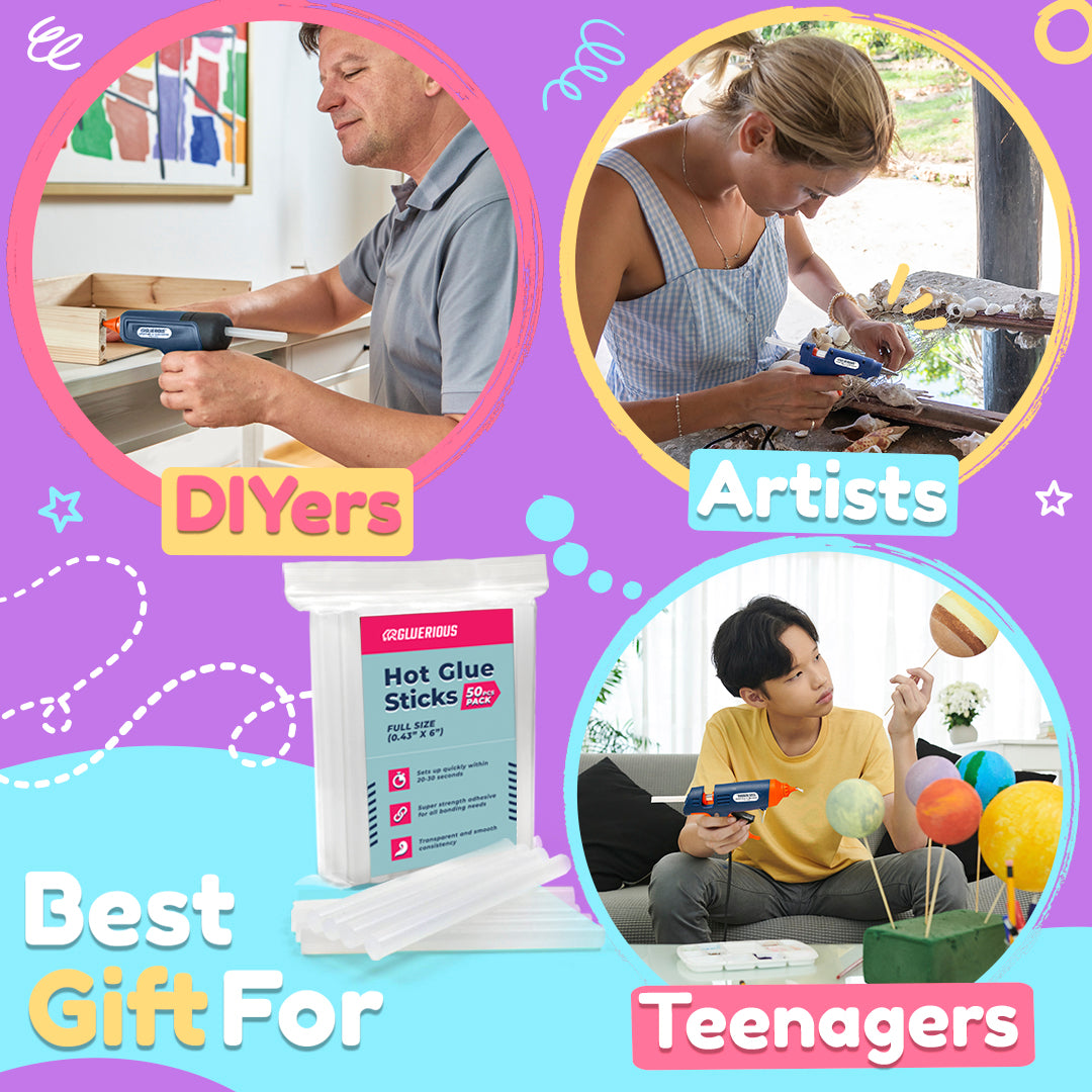 Gluerious Full Size Hot Glue Sticks For Glue Gun, 50pcs Bulk Pack 0.43x6 inches Large Size, Multi Temp for Arts Crafts DIY Fabric & More.