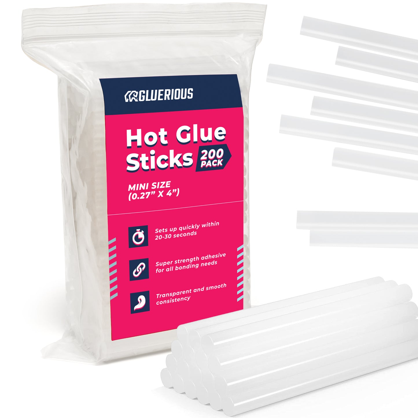 Gluerious Mini Hot Glue Sticks For Glue Gun, 200pcs Bulk Pack 0.27x4 inches Small Size, Multi Temp for Arts Crafts DIY Fabric & More.