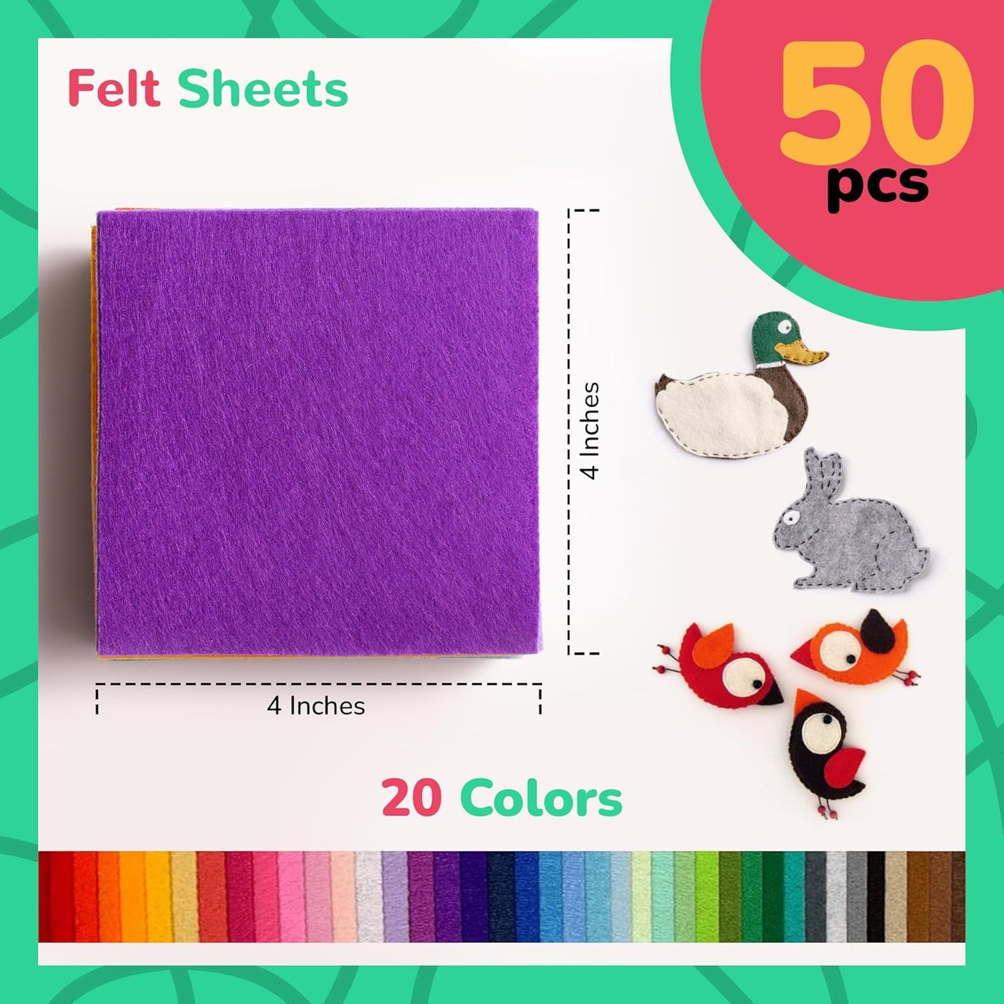 50pcs Felt Fabric Sheet 4"x4" Assorted Color DIY Craft Squares Nonwoven 1mm Thick…