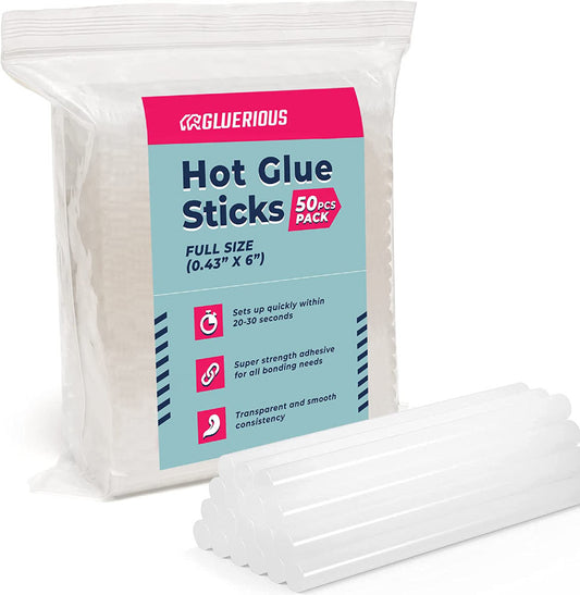 Gluerious Full Size Hot Glue Sticks For Glue Gun, 50pcs Bulk Pack 0.43x6 inches Large Size, Multi Temp for Arts Crafts DIY Fabric & More.