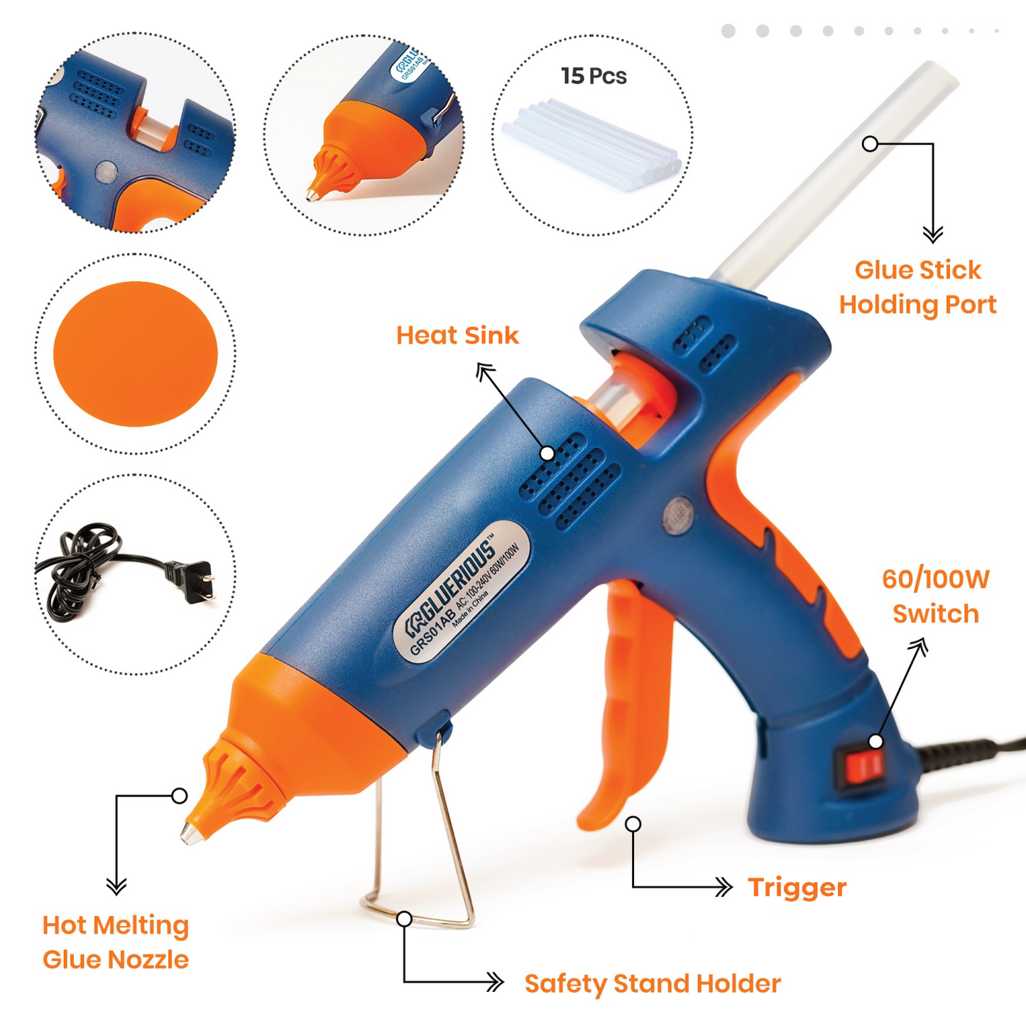 Hot Glue Gun Kit, Gluerious Dual Temp Glue Gun With 15 Hot Glue Sticks, 60W/100W Full Size Glue Gun For Crafts & Heavy Duty (Dual Temp Glue Gun)