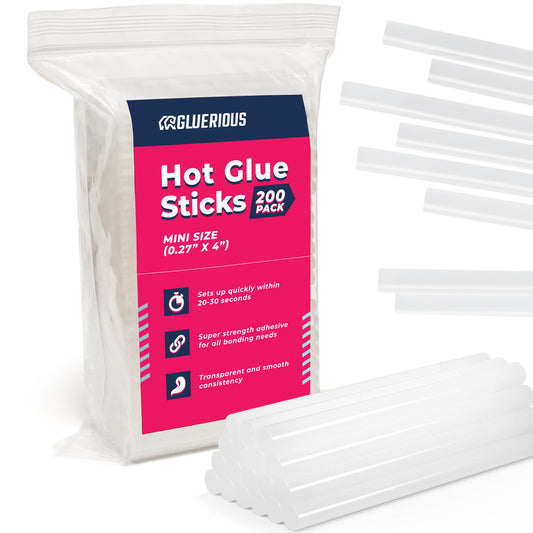 Gluerious Mini Hot Glue Sticks For Glue Gun, 200pcs Bulk Pack 0.27x4 inches Small Size, Multi Temp for Arts Crafts DIY Fabric & More.